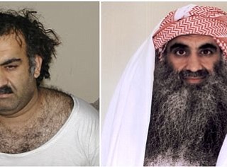 At left a March 1, 2003 photo obtained by the Associated Press shows Khalid Sheikh Mohammed, the alleged Sept. 11 mastermind, shortly after his capture during a raid in Pakistan. At right, a photo downloaded from the Arabic language Internet site www.muslm.net and purporting to show a man identified by the Internet site as Khalid Sheik Mohammed, the accused mastermind of the Sep. 11 attacks, is seen in detention at Guantanamo Bay, Cuba. The picture was allegedly taken in July 2009 by the International Committee of the Red Cross (ICRC) and released only to the detainee's family under a new policy allowing the ICRC to photograph Guantanamo inmates, ICRC spokesman Bernard Barrett said Wednesday, Sept. 9, 2009. A federal law enforcement official says professed 9/11 mastermind Khalid Sheikh Mohammed and four alleged co-conspirators are being referred to the system of military commissions for trial.