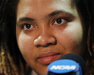 Texas A&M's Danielle Adam listens to a question during a press conference before the women's NCAA Final Four national championship college basketball game in Indianapolis, Monday, April 4, 2011. Texas A&M faces Notre Dame in Tuesday's game.