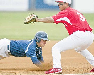 Butler’s Grant Fillipitch dives back to the bag as Youngstown State first baseman Jeremy Banks awaits the throw during a pick-off attempt in the first inning of Friday’s game at Eastwood Field in Niles. The Bulldogs, lead by
Boardman native Dom Silvestri on the mound, dominated the Penguins, 15-1.