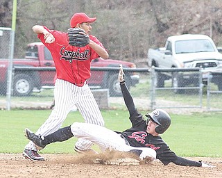 Girard baserunner Dominic Aurilio tries to break up a double play as Campbell infi elder Joel Cruz sets to throw during Monday’s game in Girard.