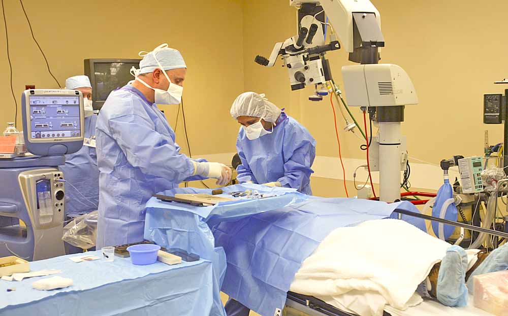 Dr. Sergul Erzurum of Eye Care Associates, prepares cataract surgery patient Ronald Zingaro's eyes before the operation. Dr. Erzurum provided free cataract surgery to 13 patients on March 8 through Eye Care Associates’ Mission Cataracts.
