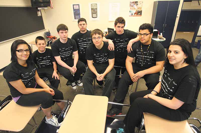 Modeling their shirts are Soroka’s students, from left, Tiffany Colon, Brian Austalosh, Ben Gozur, Ryan Phillips, Alex Sudacon, Thomas Merva, Chris Lopez and Jakeline Placeres. Missing from the photo are Kristy Vrona and Kaitlyn Kalicatzroa.
