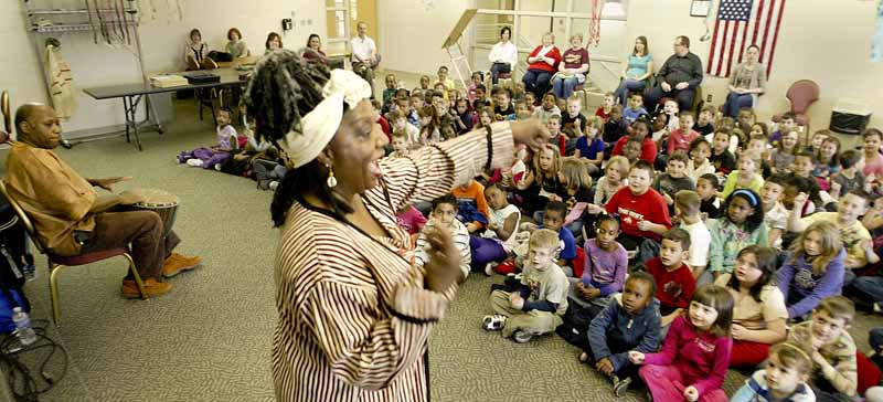 Storyteller Jocelyn Dabney of Youngstown is enthusiastic about the African-American oral tradition. She presented a program Friday at Liberty High School for pre-kindergarten through fourth-graders from E.J. Blott Elementary School.