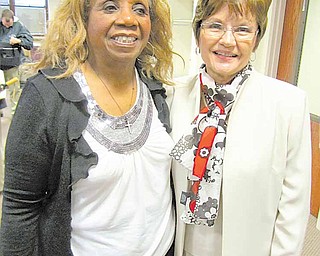 Myrdis Ledbetter, left, and Barbara Johnston were honored Wednesday .by the Trumbull County commissioners for their years of service to .the county. Ledbetter, 83, worked 46 years for the county sanitary .engineer's office in Vienna Township. Johnston worked 23 years in the .county human resources office in Warren.