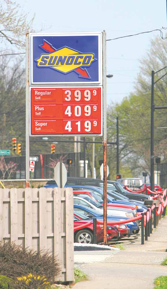 Gasoline reached $3.99 a gallon in some areas of the Mahoning Valley on Tuesday, and prices are expected to jump above $4 a gallon in some locations as early as today. This sign bore the grim news to motorists at a Sunoco station on Fifth Avenue in Youngstown.