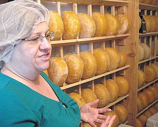 Susan Morris of Mayfield Road Creamery talks about raw-milk cheese production while showing a cooler filled with aging Gouda cheese wheels.