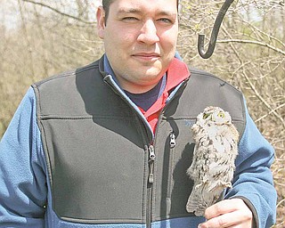 Jacob Saborse, a graduate student at YSU from Austintown, is conducting a park-authorized study of black-capped chickadees in Mill Creek Park. Here, he holds a stuffed screech owl.