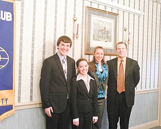 Kiwanis Club of Western Mahoning County discovered that young people of today have a lot of important things to say when it invited members of the Canfield Speech Team to present the program at the a recent meeting. Representing the team at the meeting were, from left, Nathan Pecchia, Rosie Jo Neddy and Jullian Smith and their coach, Jeremy Hamilton. The team will be competing on the national level in Texas.