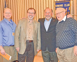 Bob DiBiasio, vice president of public relations with the Cleveland Indians Baseball Team, third from left, was a hit when he spoke about the team and fielded questions during a recent meeting of the Kiwanis Club of Youngstown. He reported on the Tribe’s exciting start to the 2011 season, on the return of Grady Sizemore and of special events planned by the team. Joining the speaker following his talk are, from left, Robert Gardner of Stifel Nicolaus Private Client Group, Thomas John from Clear Channel Radio and Chuck Whitman, president of the Kiwanis Club. The organization meets at noon Fridays at the downtown Y.
