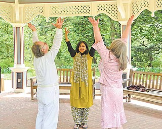 Joseph Patella, of Hiram, left, and Marianne Rieske, right, of Garrettsville participate in a movement and meditation class taught by Julie Thomas of Boardman, center, at Fellows Riverside Gardens. The class took place Sunday at the gazebo in the gardens.