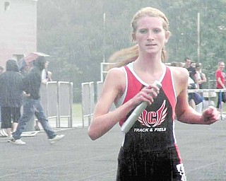Canfi eld’s Emma Lunney heads towards the finish line as the Cardinals won the event. Unfortunately, a torrential rain and lightning forced the cancellation of the annual event, and many other high school sports events in the area. The AAC Red track and field meet, and the Inter Tri-County League Tier One track and field meet will not be rescheduled. The many baseball and softball tournament games scheduled for Thursday are rescheduled for today — provided Mother Nature doesn’t interfere again.