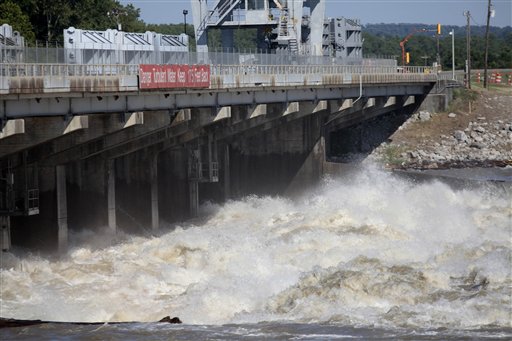 Water from the Mississippi River roars through the Old River Control Structure towards the Atchafalaya Basin in Concordia Parish, La., Tuesday, May 17, 2011. The structure's gates were opened to help relieve rising floodwaters from the Mississippi. 
