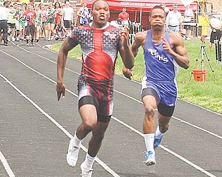 A first-place finish in the boys 100-meter dash at Saturday’s Division II district track meet in Salem earned Jermayne Brooks of Struthers, left, a trip to the regional meet this week in Ravenna. Brooks also will compete in the 200-meter dash and on the 4x100 and 4x200-relay teams. 
