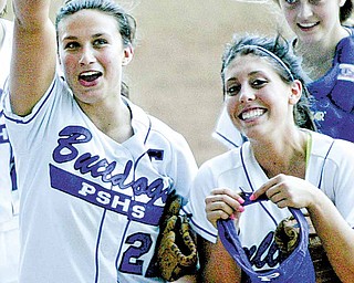 Poland pitcher Erin Gabriel, left, and Emily Chandler react after Thursday's 5-0 win over West Branch.