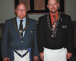 Lodge installation: Argus Lodge 545 F&AM in Canfield installed Dale Hawkins, at left, as senior stewart, and Ryan Hamilton as junior stewart at a special meeting May 13. Hawkins is vice president of sales at Industrial Packaging in Lisbon. Hamilton is attending Youngstown State University, where he is pursuing a teaching degree in integrated social studies and history. He is employed at Cornersburg Party Shop.