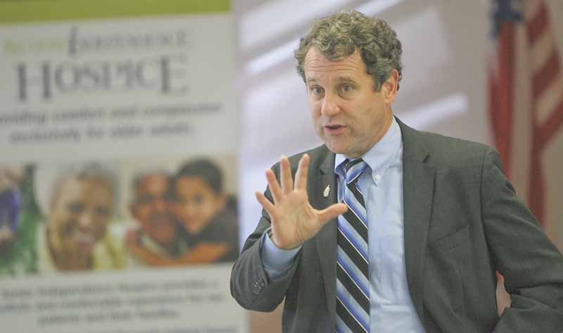 U.S. Sen. Sherrod Brown, D-Ohio, makes a point during a press conference as he discusses the Republican attempt to privatize Social Security and Medicare with senior citizens. He spoke Wednesday at the Senior Independence Senior Center on Fifth Avenue in Youngstown.
