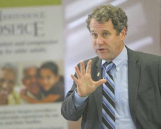 U.S. Sen. Sherrod Brown, D-Ohio, makes a point during a press conference as he discusses the Republican attempt to privatize Social Security and Medicare with senior citizens. He spoke Wednesday at the Senior Independence Senior Center on Fifth Avenue in Youngstown.