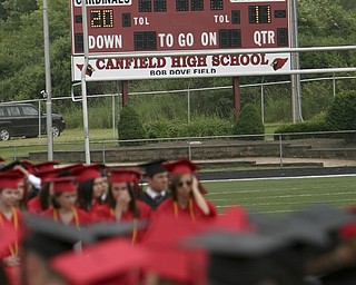 ROBERT K. YOSAY | THE VINDICATOR --..Even the stadium scoreboard congratulates the class of 2011--Canfield High School 2011 graduation at the Stadium - .. -30-..(AP Photo/The Vindicator, Robert K. Yosay)
