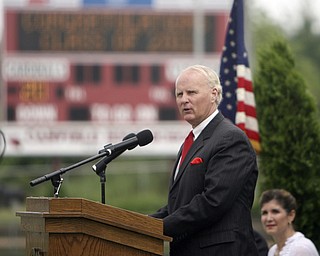 ROBERT K. YOSAY | THE VINDICATOR --.. Robert G Duffett -graduate of Canfield and president of Dakota Wesleyan University addresses the class of 2011 -Canfield High School 2011 graduation at the Stadium - .. -30-..(AP Photo/The Vindicator, Robert K. Yosay)
