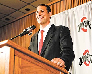 Ohio State head football coach Luke Fickell smiles while answering questions as he speaks to members of the media during a news conference Monday, June 13, 2011, in Columbus, Ohio. (AP Photo/Terry Gilliam)