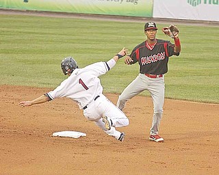 SCRAPPERS - (1) Tony Wolters of the Scrappers goes in to second hard to break up the double play as (14) Cesar Valera can't make the play Monday night at Eastwood Field. - Special to The Vindicator/Nick Mays