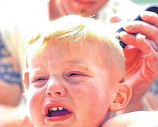 Gaston Roth, 2, of Ashtabula relents to receiving a do-it-at-home haircut from his father Jerry Roth on Ohio Avenue, Wednesday, June 22, 2011 in Ashtabula, Ohio. (AP Photo/The Star-Beacon, William A. West)