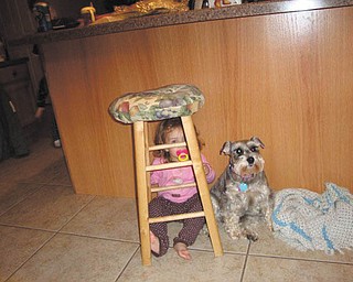 Donna Detwiler of North Lima says, "Our dog, Gabby, is a minituare German Schanuzer. She is angel and such a sweet baby. She is now 8 and has developed diabetes. She has also lost pretty much of her vision. She is such a role model. She has adjusted so well. She gets two daily insulin shots and takes them like a trooper. She gets all around our house without trouble and still loves her daily walk. She is featured in this picture with my granddaughter, Sophie Detwiler (3)."