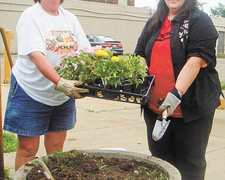 Beautification project: Roberta Lawrentz, left, and Sue Ellen Davis of Girard Junior Women’s Club fill a planter in downtown Girard. The annual project was initiated by Davis’s mother, Jane Harris. Planters in front of businesses are filled with flowers every summer as one of the group’s projects. Girard Junior Women are dedicated to serving the Girard community and most recently donated to Emmanuel House and presented a Girard graduate with scholarship money. Anyone interested in joining should contact Lawrentz or any member of GJWC.