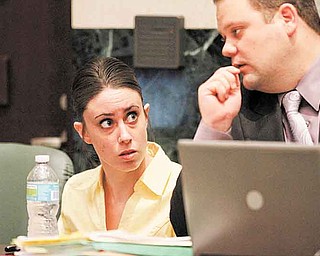 Casey Anthony talks with her attorney Will Slabaugh towards the end of testimony in her murder trial at the Orange County Courthouse in Orlando, Fla., Friday, July 1, 2011. Casey Anthony, 25, is charged with killing her daughter Caylee in the summer of 2008. (AP Photo/Red Huber, Pool)