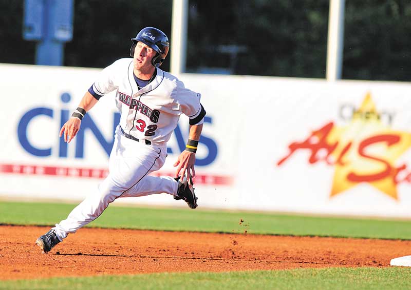 Evan Frazar of the Mahoning Valley Scrappers rounds second base on his way to third during a New York-Penn League game Wednesday against the Connecticut Tigers at Eastwood Field in Niles. Frazar, a 27th round draft pick by the Indians last month, played his first full game as a Scrapper, going 2 for 4 and scoring the game-winning run in the bottom of the ninth inning to lead Mahoning Valley to a 2-1 win over the Tigers.