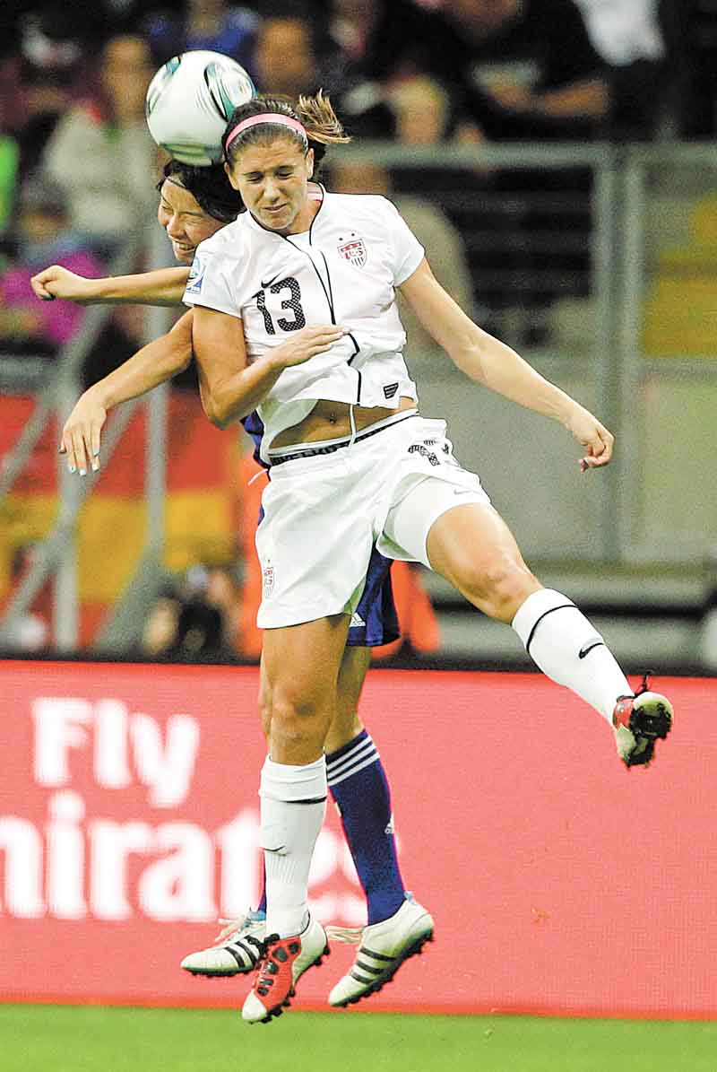 United States' Alex Morgan goes for a header during the final match between Japan and the United States at the Women’s Soccer World Cup in Frankfurt, Germany, Sunday, July 17, 2011. (AP Photo/Frank Augstein)