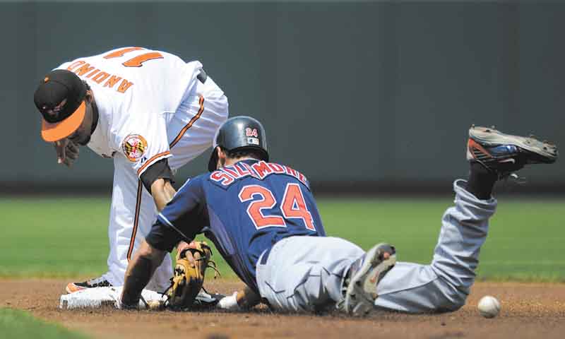 Cleveland Indians' Grady Sizemore (24) slides into second with a double in front of Baltimore Orioles second baseman Robert Andino (11) during the first inning of a baseball game, Sunday, July 17, 2011, in Baltimore. Sizemore left the game with an injury on the play. (AP Photo/Nick Wass)