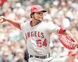 Los Angeles Angels' Ervin Santana pitches against the Cleveland Indians in the eighth inning of a baseball game Wednesday, July 27, 2011, in Cleveland. Santana tossed a no-hitter in the 3-1 win. (AP Photo/Mark Duncan)