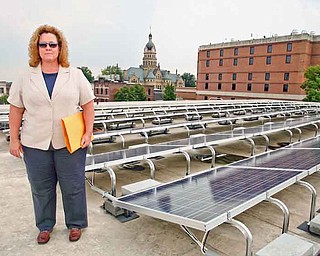 The roof of the Trumbull County Department of Job and Family Services building on North Park Avenue features 234 solar panels that gather the energy from the sun and turn it into electricity. Trish Nuskievicz, assistant Trumbull County planning director, gave members of the Eastgate Regional Council of Governments Environmental Planning Advisory Committee a tour of the installation Thursday.