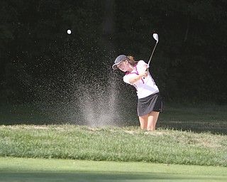 ROBERT  K.  YOSAY  | THE VINDICATOR --...Kelly Fleming of Canfield Blasts out of the Sand and lands on the green during  -- The Vindicator Greatest Jr. Golfer of the Valley -at Trumbull Country Club in Warren -.--30-..(AP Photo/The Vindicator, Robert K. Yosay)