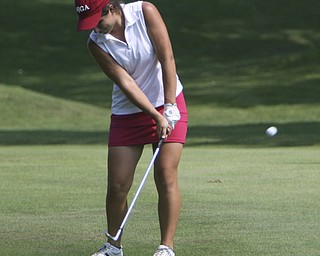 ROBERT  K.  YOSAY  | THE VINDICATOR --..Maria Mancini who placed second chips on to the 14th green - . -- The Vindicator Greatest Jr. Golfer of the Valley -at Trumbull Country Club in Warren -.--30-..(AP Photo/The Vindicator, Robert K. Yosay)