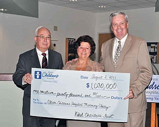 Akron Children’s Hospital Mahoning Valley, located in Boardman, received a donation exceeding $1 million from the Kikel Charitable Trust. Posing with the check Tuesday , from left, are James H. Sisek, president and chief executive officer of Farmers Trust, which holds the Kikel Trust; Sharon Hrina, vice president of Mahoning Valley Enterprises; and William Considine, president and CEO of Akron Children’s Hospital.