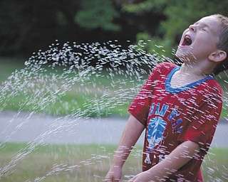 Landon Malmfeldt, 4, has a blast playing in the spray at his home in Boardman. Photo submitted by Ronnie Malmfeldt.