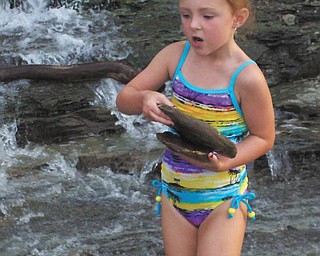 Payton Krafchek, 5-year-old granddaughter of Tom and Christine Christmas of Austintown, keeps cool at the falls near her home in Bay Village, Ohio, during the Fourth of July weekend.