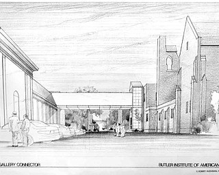 The architect's rendering shows a proposed bridge that will connect the Butler museum to the Butler North building.