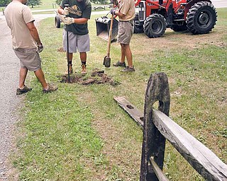 Gabe Manginelli, left, Chris D’Apolito and Jim Feret, Boardman Township Park grounds-crew workers, begin replacing fencing in the park. The park received about $71,000 from the state Local Government Fund this year.