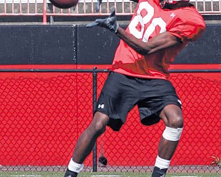 Youngstown State wide receiver Andrew Williams (80) catches some passes during a practice session Tuesday at Stambaugh Stadium. He is among three players from South Carolina who signed with the Penguins as a result of coach Eric Wolford’s hustle and the connections he made while serving as an assistant, including a stint as a line coach at South Carolina in 2009.