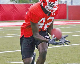 Youngstown State wide receiver Kintrell Disher (82) catches some passes during a practice session Tuesday at Stambaugh Stadium. He is among three players from South Carolina who signed with the Penguins as a result of coach Eric Wolford’s hustle and the connections he made while serving as an assistant, including a stint as a line coach at South Carolina in 2009.