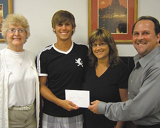 2011 AGF Scholarship presented: Jacob Eynon and his mother, Melissa, receive the Austintown Growth Foundation Scholarship from Joyce Pogany, left, scholarship committee chairwoman, and AGF President David Ditzler, right. The award was presented at the foundation’s August meeting. Jacob will attend the University of Akron this fall, pursuing a degree in civil engineering. He maintained a 3.89 GPA, lettered three years in varsity baseball and was a member of Key Club and National Honor Society.