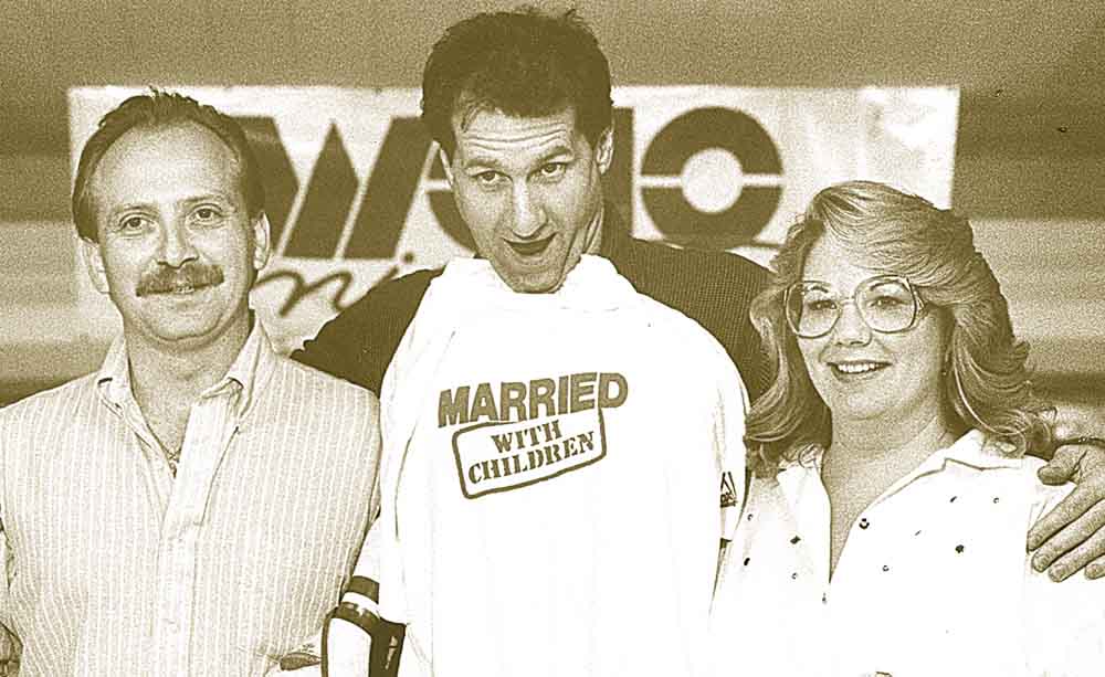 Thom and Jill Skovira of Struthers won a ‘Spend a Day with Al Bundy” contest at North Side Lanes. Ed O’Neill, center, joined the party to promote his new show, “Married with Children,” in 1988.