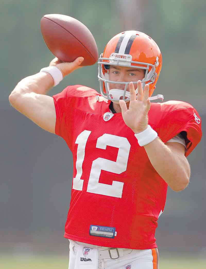 Cleveland Browns quarterback Colt McCoy passes during the teams'  NFL football training camp in Berea, Ohio on Monday, Aug. 15, 2011.  (AP Photo/Amy Sancetta)