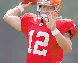 Cleveland Browns quarterback Colt McCoy passes during the teams'  NFL football training camp in Berea, Ohio on Monday, Aug. 15, 2011.  (AP Photo/Amy Sancetta)