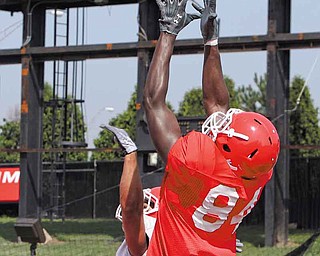 Youngstown State wide receiver Pat White (84) pulls down a pass during Saturday’s scrimmage at YSU’s Stambaugh Stadium. White, a senior, had the best scrimmage of his career, with a drop-free, five-catch, 92-yard
performance.