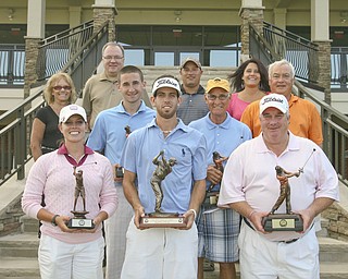 JESSICA M. KANALAS | THE VINDICATOR..Winners in the Greatest Golfer of the Valley are, front from left, Katie Rogner, Anthony Conn and Mike Watson, and second row, from left, Bill Stanton, Ed Antonelli and Tom Walker. In the back row, from left, are Bonnie Mollica; John Gulas, president of Farmers National Bank; Pete Mollica Jr.; and Mary (Mollica) Beidelschies. The Mollica family attended in memory of Pete Mollica, longtime Vindicator sports writer, for whom the Open Division of the tournament was renamed this year.