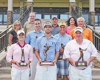Winners in the Greatest Golfer of the Valley Tournament are, front from left, Katie Rogner, Anthony Conn and Mike Watson, and second row, from left, Bill Stanton, Ed Antonelli and Tom Walker. In the back row, from left, are Bonnie Mollica; John Gulas, president of Farmers National Bank; Pete Mollica Jr.; and Mary (Mollica) Beidelschies. The Mollica family attended in memory of Pete Mollica, longtime Vindicator sports writer, for whom the Open Division of the tournament was renamed this year.